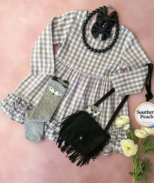 Gray Gingham Ruffled Dress