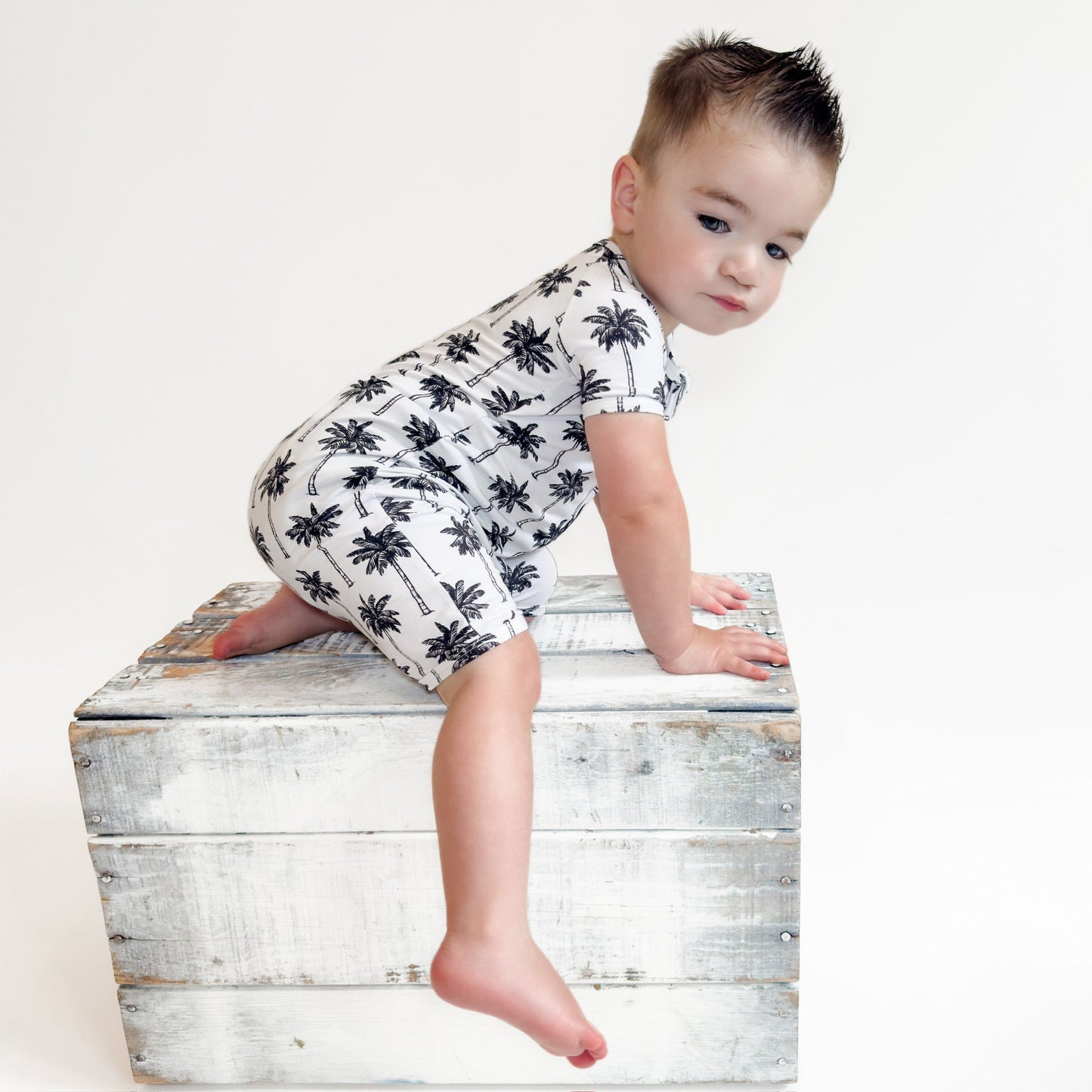 Bamboo Shorty Romper  | Palm Style White