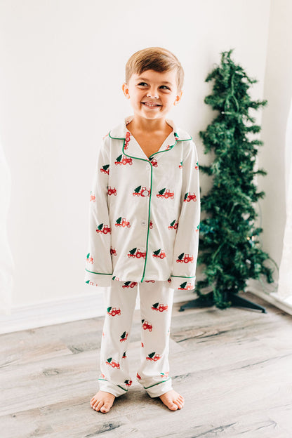 Oh What Fun Holiday Collection| Christmas Tractor Button Down Jammies