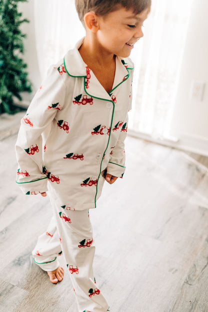 Oh What Fun Holiday Collection| Christmas Tractor Button Down Jammies