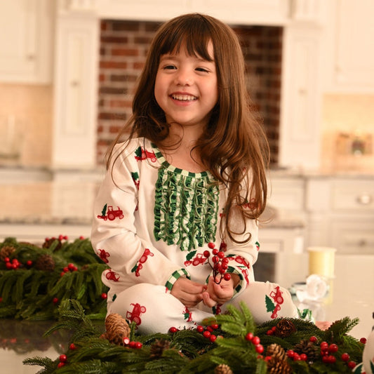 Oh What Fun Holiday Collection| Ruffled Christmas Tractor Buttflap Jammies
