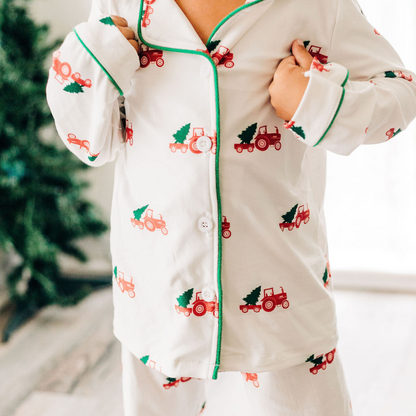 Oh What Fun Holiday Collection| Christmas Tractor Button Down Jammies
