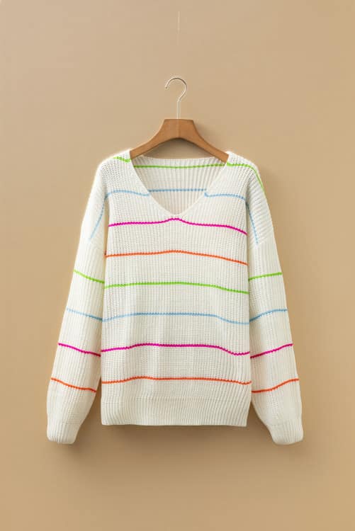 White Colorful Stripe Baggy Sweater